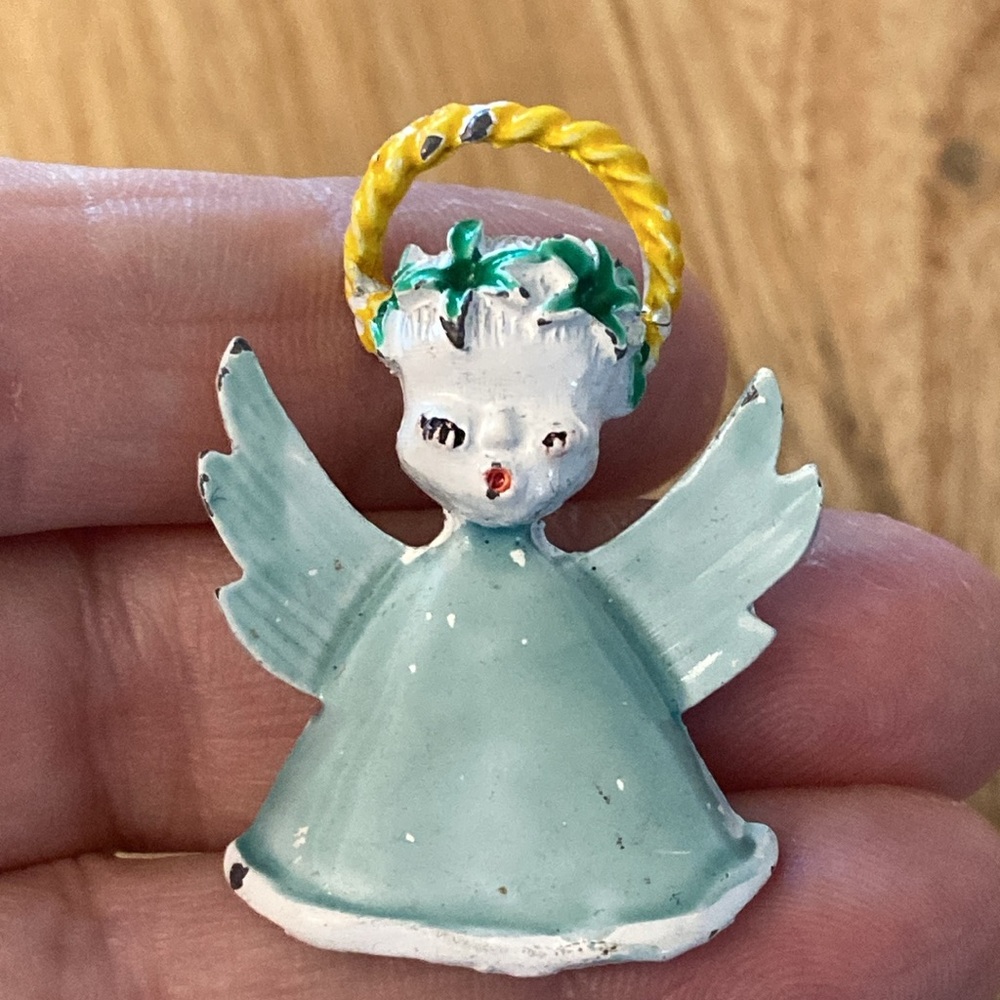 Vintage angel brooch halo light green dress and wings Christmas pin